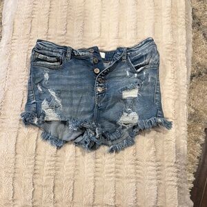 KanCan Blue Distressed Jean Shorts with Frayed Hem
